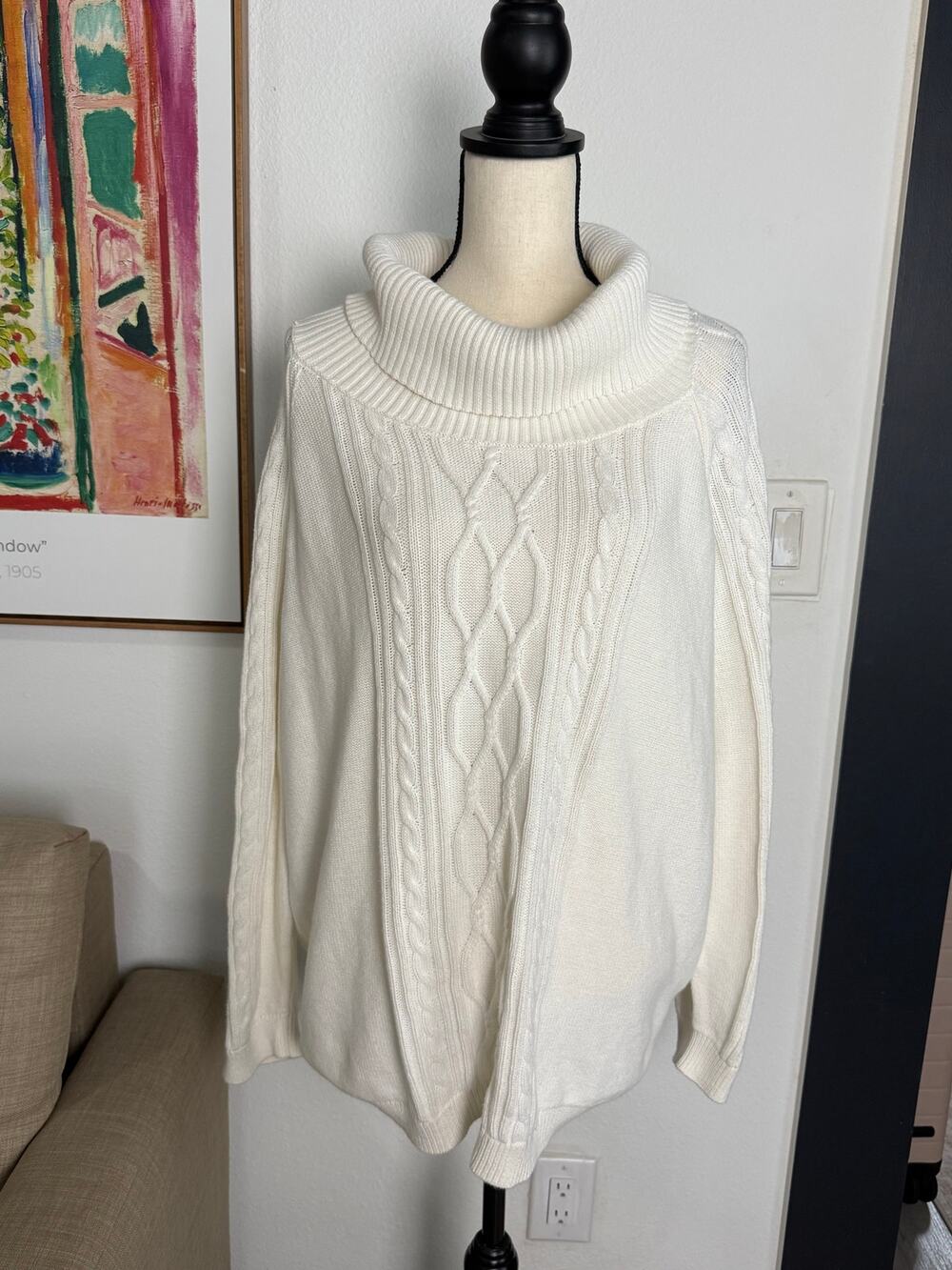 Kim Rogers 1X Ivory Cable Knit Cowl Neck Sweater 100% Cotton Pullover